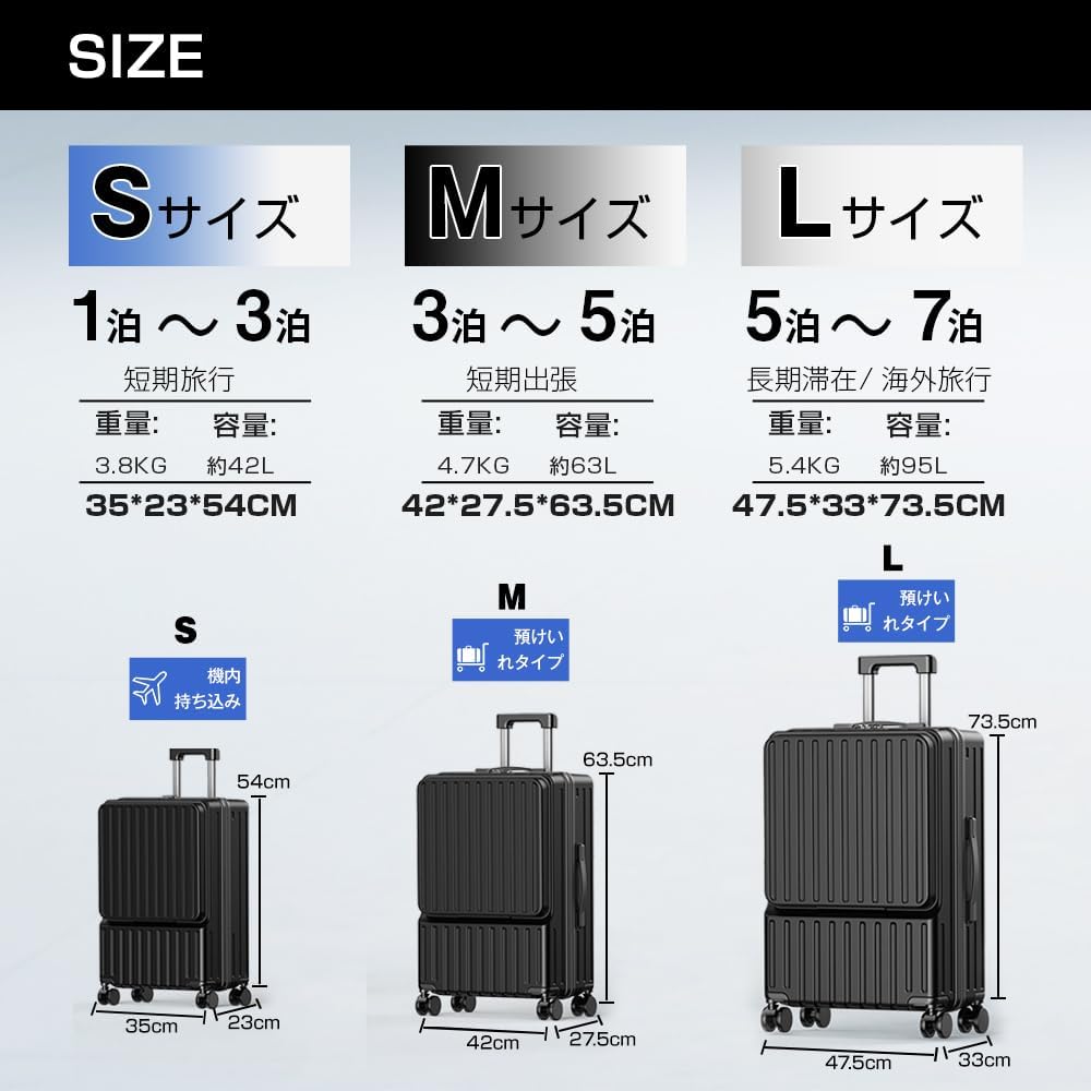 [BARGOHOY] スーツケース フロントオープン 多機能 キャリーケース 軽量 カップホルダー付き 隠しフック機能 キャリーバッグ USBポート付き 耐衝撃 静音 360度回転 TSAローク ファスナータイプ キャリーバッグ 人気 おしゃれ 旅行 ビジネス 出張 修学 泊まる 入院