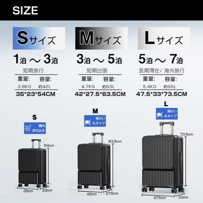 [BARGOHOY] スーツケース フロントオープン 多機能 キャリーケース 軽量 カップホルダー付き 隠しフック機能 キャリーバッグ USBポート付き 耐衝撃 静音 360度回転 TSAローク ファスナータイプ キャリーバッグ 人気 おしゃれ 旅行 ビジネス 出張 修学 泊まる 入院