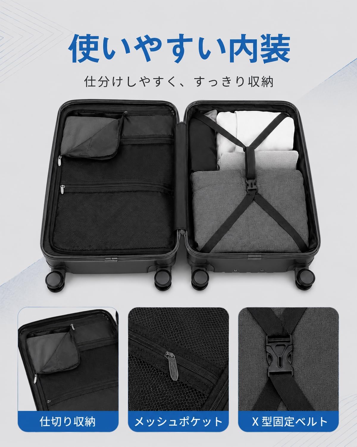 [Soralifer] スーツケース 拡張機能付き キャリーケース マチ幅5cm拡張で容量20％UP 機内持ち込み 大型 軽量 USBポート ストッパー付き キャリーバック S/M/Lサイズ ファスナータイプ ダブルキャスター 旅行 出張