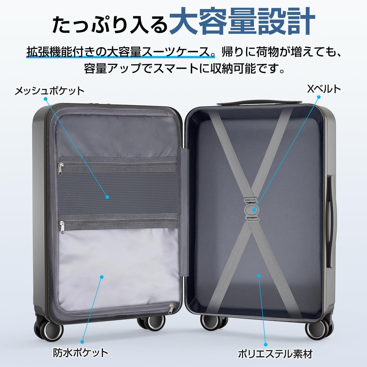 [BARGOHOY] スーツケース フロントオープン キャリーケース 拡張機能付き 超軽量 USBポート TSAロック 静音ダブルキャスター用