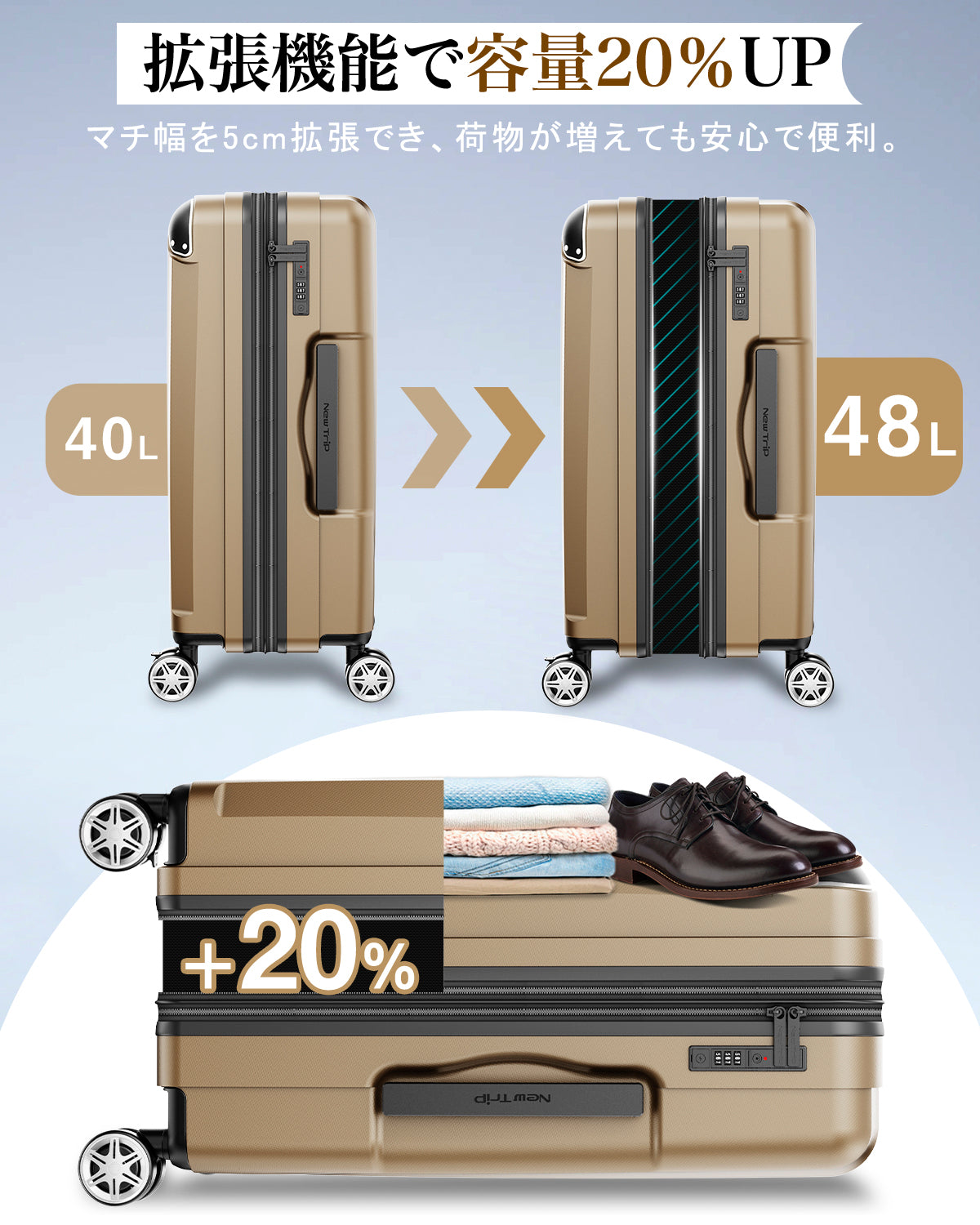 New Trip 0201Plus｜機内持ち込みスーツケース USB＆拡張付き 軽量