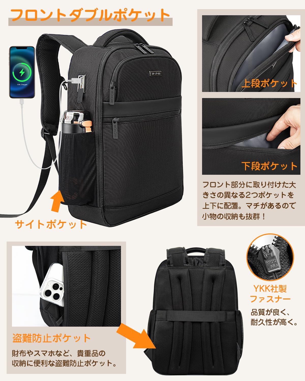 [Monomi] 軽量バックパック 15.6インチPC収納 USBポート搭載 2101